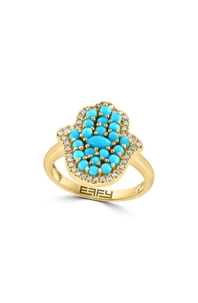Effy 14k Yellow Gold Hamsa Hand Turquoise & Diamond Ring In Blue