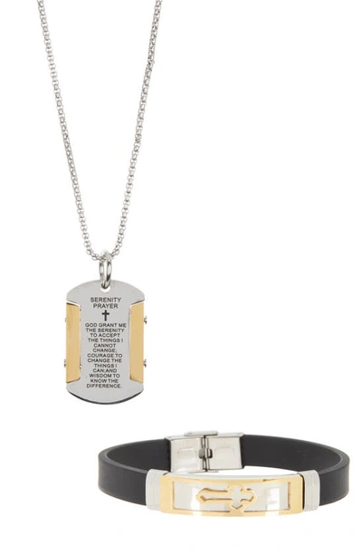 Ed Jacobs Nyc Serenity Prayer Dog Tag Necklace & Cross Bracelet Set In Silver