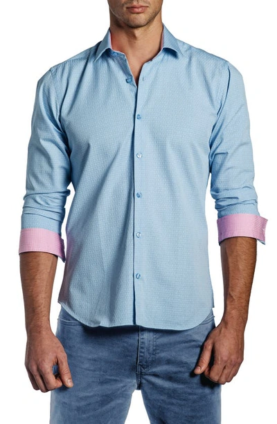 Jared Lang Trim Fit Textured Long Sleeve Button-up Cotton Shirt In Light Blue