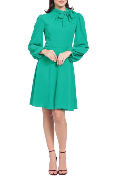 Maggy London Catalina Tie Neck Long Sleeve Fit & Flare Crepe Dress In Golf Green