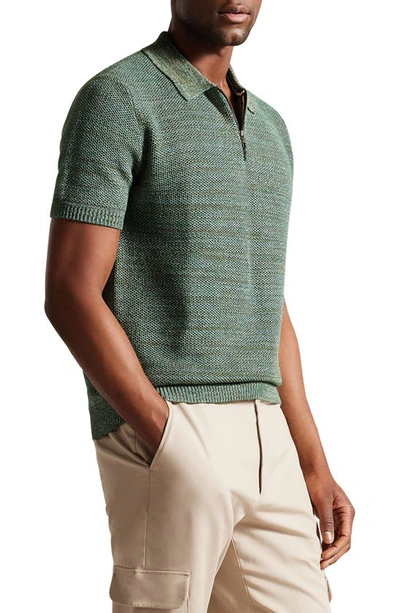 Ted Baker Blossam Textured Quarter Zip Polo Sweater In Olive