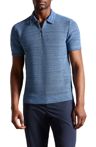 Ted Baker Blossam Textured Quarter Zip Polo Sweater In Blue