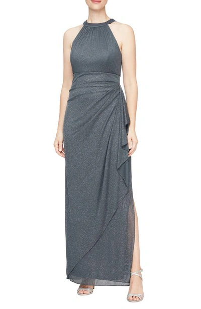 Alex Evenings Sparkle Knit Gown In Smoke