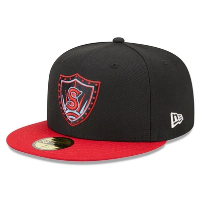 New Era Men's  Black, Red Spokane Indians Marvel X Minor League 59fifty Fitted Hat In Black,red