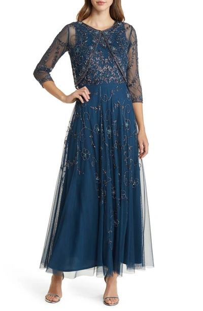 Pisarro Nights Beaded Mesh Gown With Jacket In Sapphire