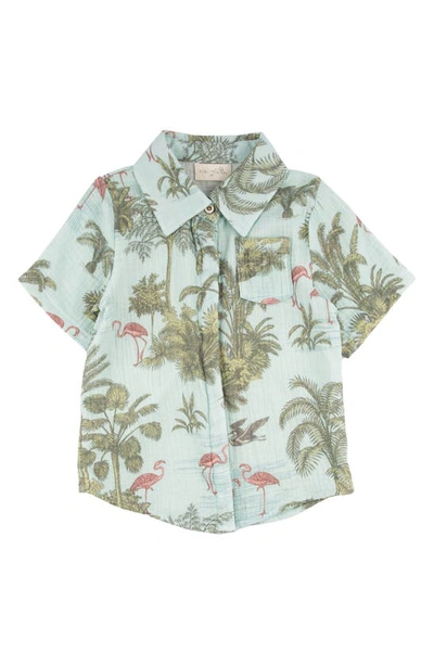 Miki Miette Kids' Flamingo Print Short Sleeve Cotton Button-up Shirt In Blue