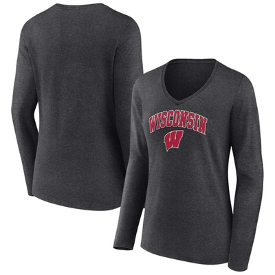 Fanatics Branded Heather Charcoal Wisconsin Badgers Evergreen Campus Long Sleeve V-neck T-shirt