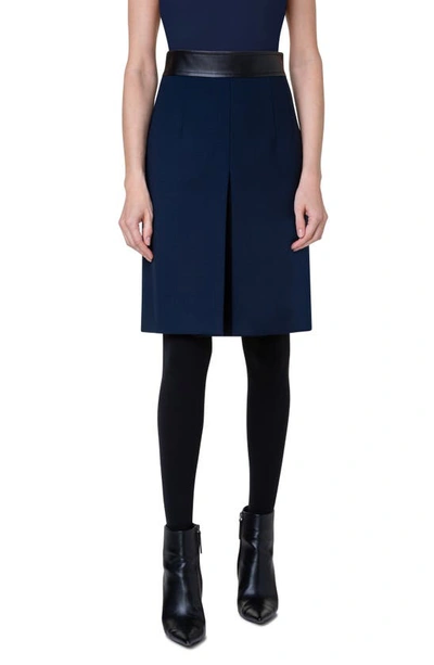 Akris Punto Pencil Skirt Mix Media Wool Crepe Vegan Leather Waistband Detail Front Box Pleat Back Zip Closure Kn In Navy