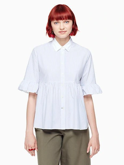 Kate Spade Stripe Ruffle Sleeve Shirt In Fresh White/deep Ultramarine
