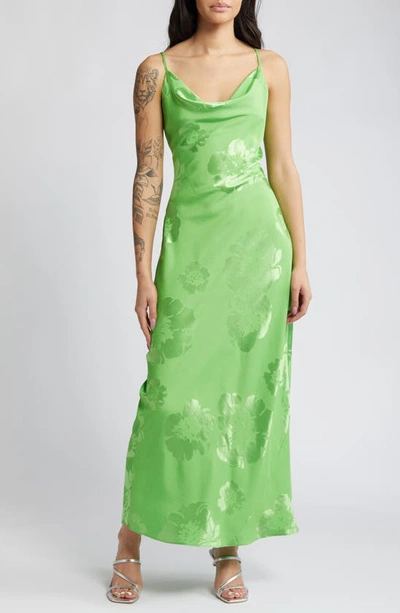 Topshop Cowl Neck Cami Maxi Slip Dress In Green Jacquard