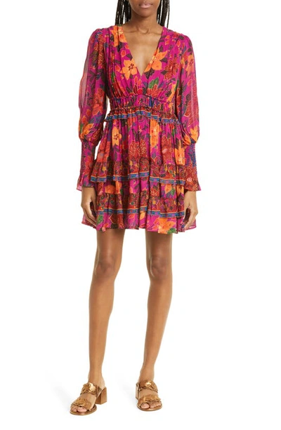 Farm Rio Tropical Tapestry Tiered Puff-sleeve Mini Dress In Pink