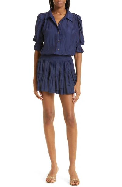 Ramy Brook Angelina Smocked Waist Ruffled Hem Dress In Spring Navy