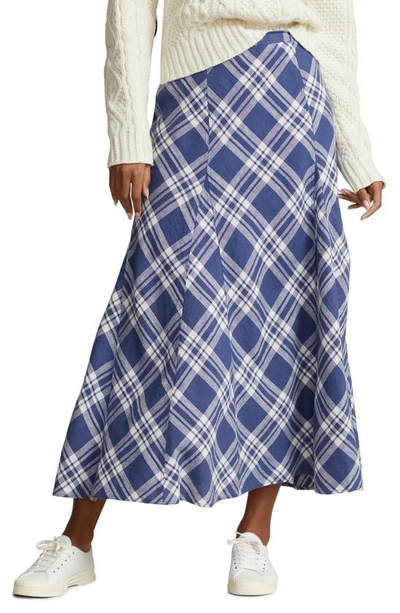 Polo Ralph Lauren Women's Plaid Linen Godet Maxi Skirt In Blue Multi Plaid