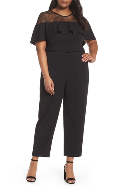 Adrianna Papell Lace Illusion Ruffle Jumpsuit In Black