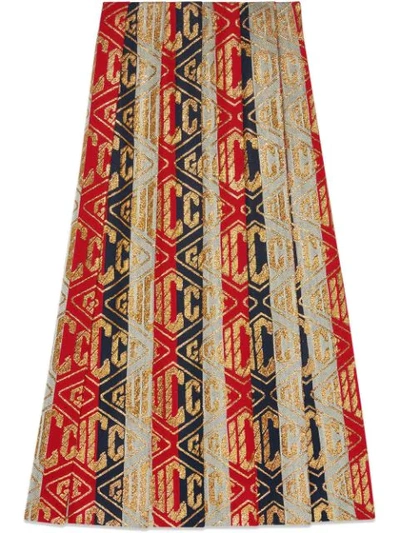 Gucci Metallic Logo Pleated Wool Blend Skirt In Multi