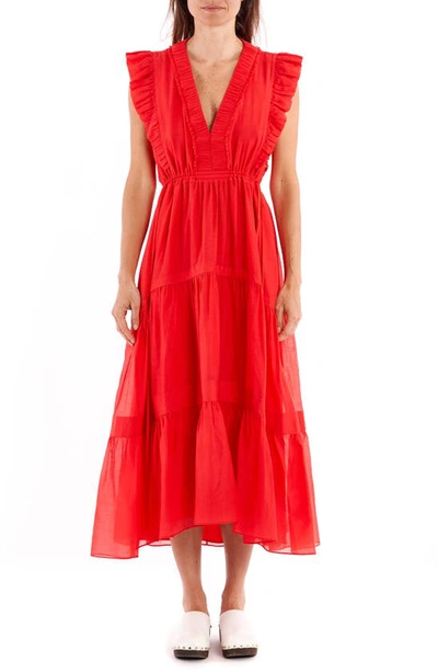 ruched marta dress La Ligne Marta Ruched Tiered Cotton Dress In Deep Coral