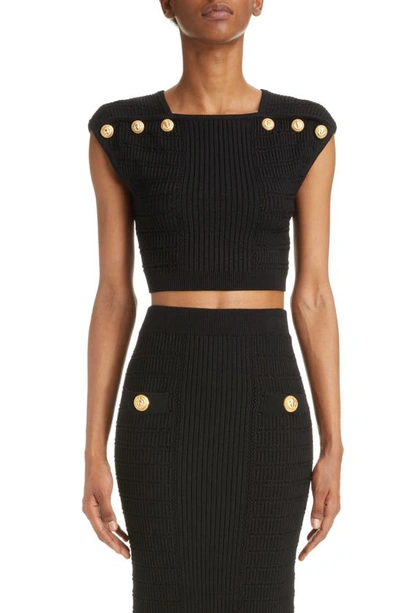 Balmain Mixed Stitch Six-button Knit Crop Top In Black