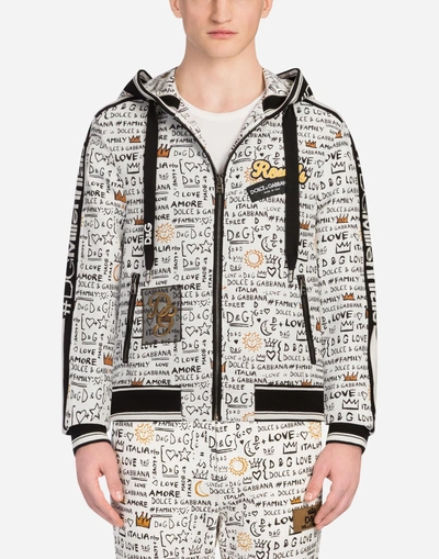 Dolce & Gabbana Bomber Jacket In Printed Nylon With Patches And Hood In White
