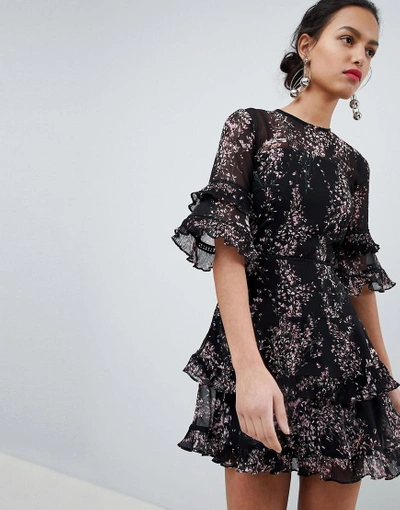 Keepsake Floral Frill Mini Dress - Black