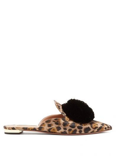 Aquazzura Powder Puff Pompom Leopard Jacquard Mule Flat In Caramel