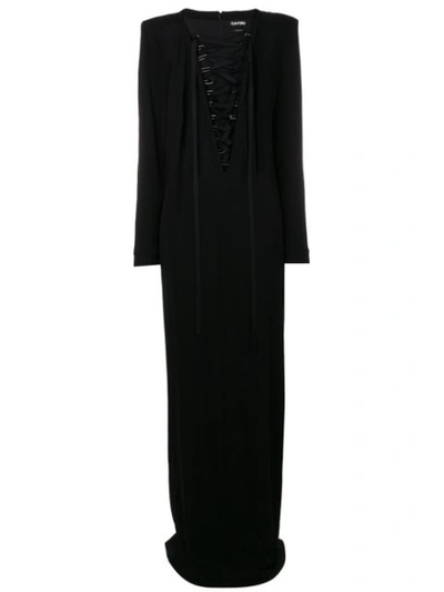 Tom Ford Deep-v Lace-up Long-sleeve Viscose Jersey Evening Gown In Lb999 Black