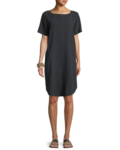 Eileen Fisher Fuji Silk Short-sleeve Dress With Pockets In Blue Steel