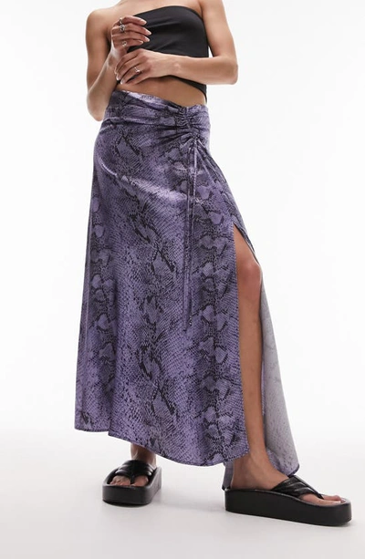 Topshop Snake Print Ruched Side Midi Skirt In Purple
