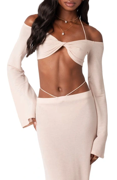 Edikted Women's Off Shoulder Halter Strap Twist Crop Top In Cream