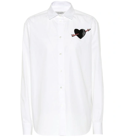 Valentino Long-sleeve Button-front Poplin Shirt With Love-heart Embroidery In White