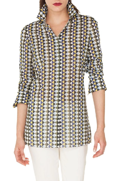 Akris Long-sleeve Button-front Diamond-stripe Cotton Voile Blouse In Multi