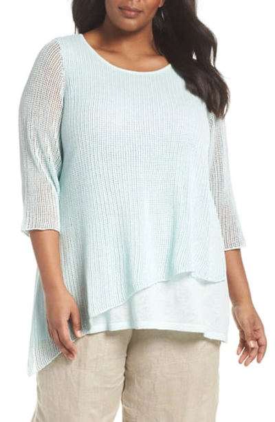 Eileen Fisher Organic Linen 3/4-sleeve Round-neck Knit Tunic, Plus Size In Pool