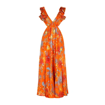 Zimmermann Ginger Floral-print Silk Midi Dress In Orange