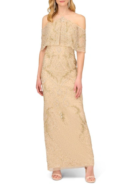 Aidan Mattox By Adrianna Papell Cold Shoulder Beaded Halter Column Evening Gown In Beige/ Light Gold