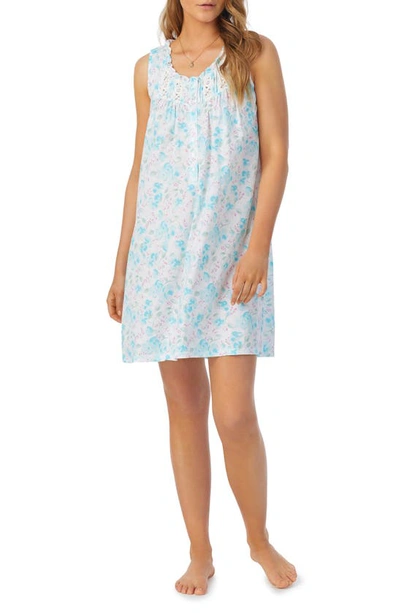 Eileen West Ruffle Lace Trim Floral Cotton Chemise In Aqua Flwh
