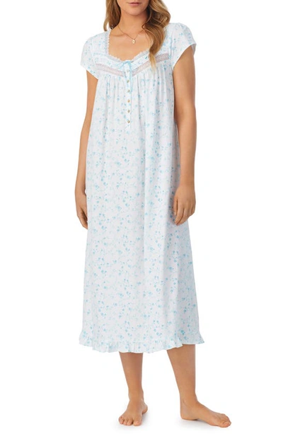 Eileen West Floral Cap Sleeve Cotton Jersey Nightgown In White/ Aqua/ Floral