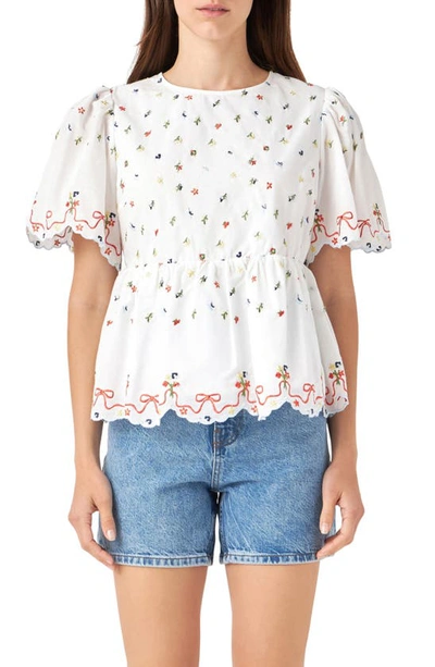 English Factory Floral Embroidered Scallop Top In White