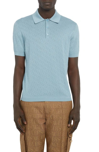 Versace La Greca Silk & Cotton Polo Sweater In Blue