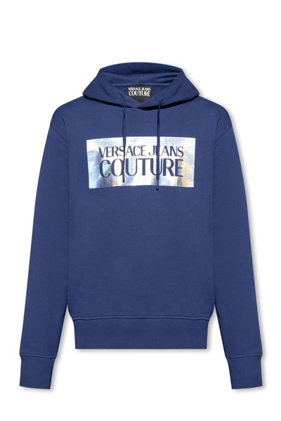 Versace Jeans Couture Logo Printed Drawstring Hoodie In E238 Navy