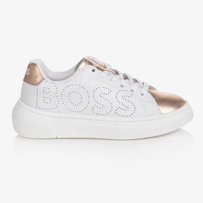 Hugo Boss Kids' Boss Girls White & Rose Gold Leather Trainers