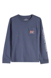 Vineyard Vines Kids' Football Whale Long Sleeve Pocket Cotton Graphic T-shirt In Blue Blazer Hthr