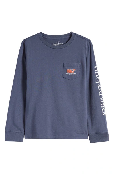 Vineyard Vines Kids' Football Whale Long Sleeve Pocket Cotton Graphic T-shirt In Blue Blazer Hthr