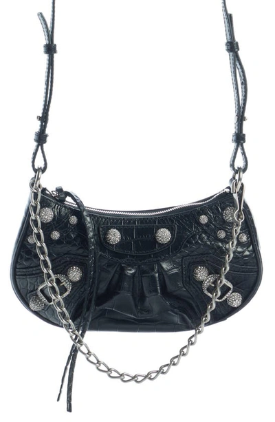 Balenciaga Cagole Mini Croc Embossed Leather Chain Strap Bag In Black