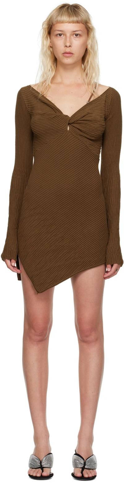 Attico Asymmetric Ribbed-knit Minidress In Brown