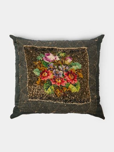 By Walid 1920s Floral Woollen Needlepoint Cushion In Grey