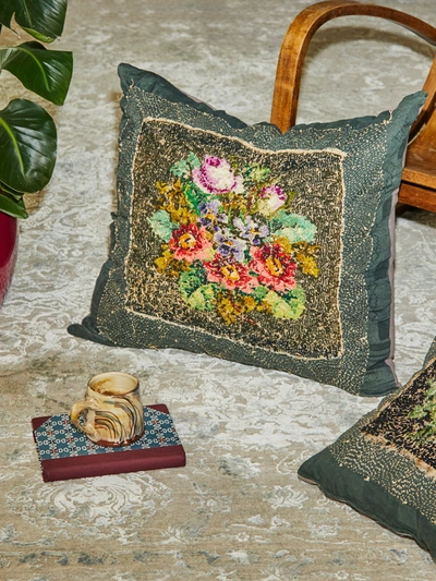 By Walid 19th Century Floral Woollen Needlepoint Cushion In Blue