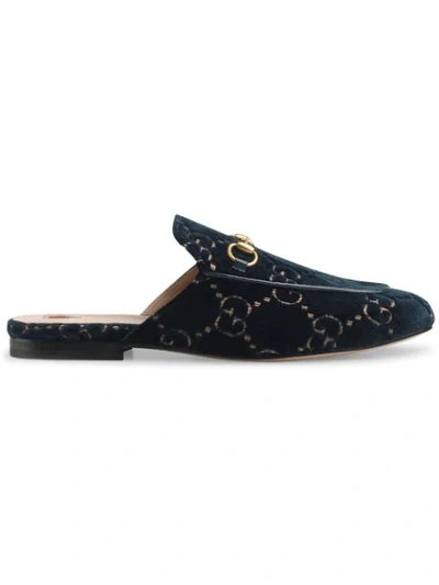 Gucci Princetown Horsebit-detailed Leather-trimmed Embroidered Velvet Slippers In Blue