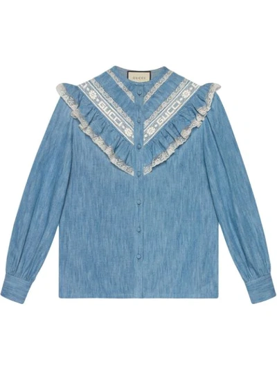 Gucci Lace-trimmed Ruffle Cotton-chambray Blouse In Denim
