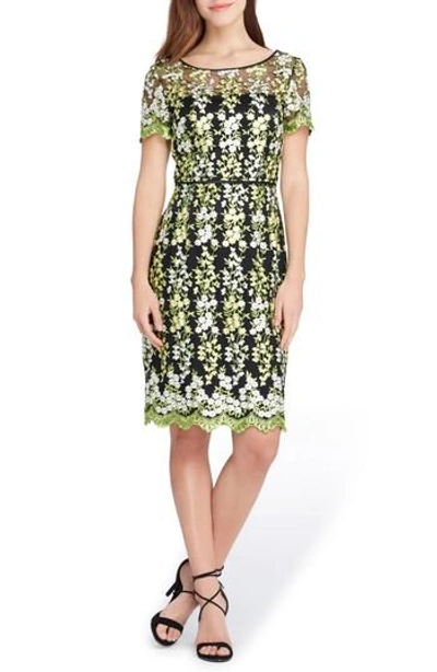 Tahari Floral Embroidery Sheath Dress In Black/ Lemon/ Green