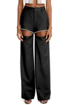 Area Crystal Embellished Cutout Straight Leg Stretch Wool Crepe Pants In Black