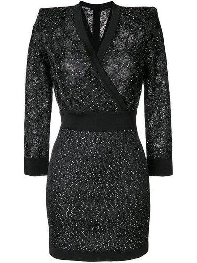 Balmain Sequin-embellished Knit Wrap Dress In Black